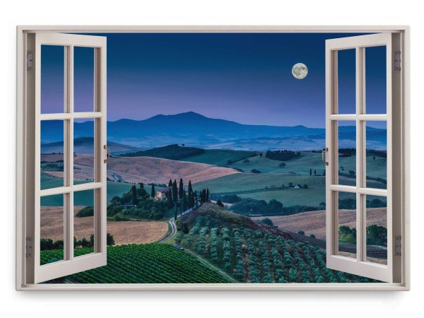 Wandbild 120x80cm Fensterbild Italien Toskana Landhaus Landschaft Vollmond Berge