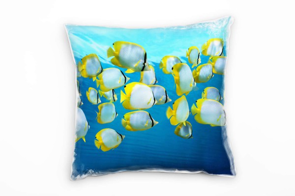 Tiere, blau, gelb, Fische, Unterwasser Deko Kissen 40x40cm für Couch Sofa Lounge Zierkissen