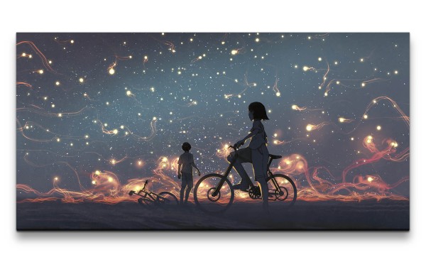 Leinwandbild 120x60cm Märchenhaft Fantasievoll Lichter am Nachthimmel Junge und Mädchen