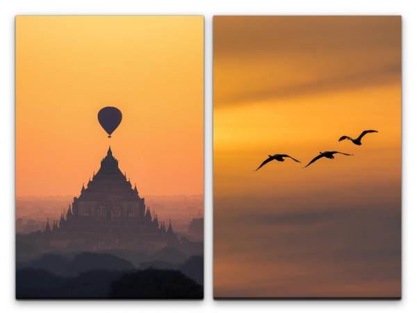 2 Bilder je 60x90cm Asien Tempel Burma Vögel Heizluftballon Meditation Beruhigend