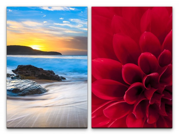 2 Bilder je 60x90cm Dahlie Traumstrand Trauminsel Urlaubsparadies rote Blüte Sonnenuntergang Horizon