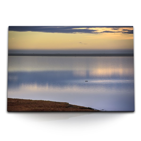 120x80cm Wandbild auf Leinwand Großer See Horizont Abendrot Sonnenuntergang Natur