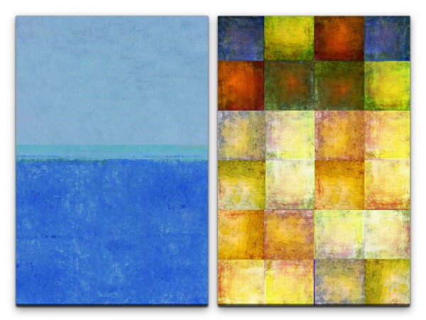 2 Bilder je 60x90cm Abstrakt Blau Bunt Würfel Quadrate Farbenfroh Dekorativ
