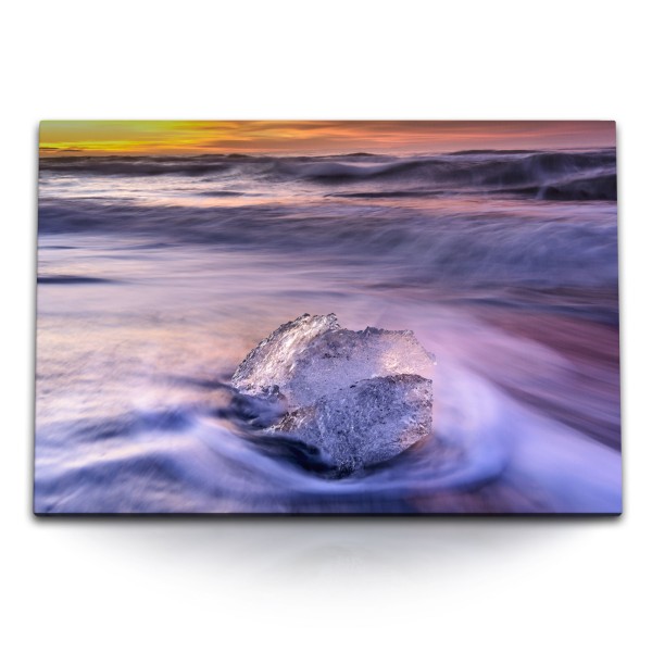 120x80cm Wandbild auf Leinwand Eis am Strand Meer Wellen roter Himmel Abendrot