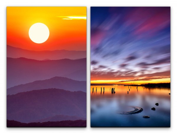 2 Bilder je 60x90cm Berge Sonne Berglandschaft Roter Himmel Abendröte Sonnenuntergang