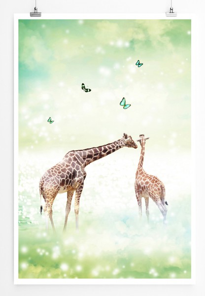 90x60cm Poster Tierfotografie Giraffenfamilie Mutter und Kind 