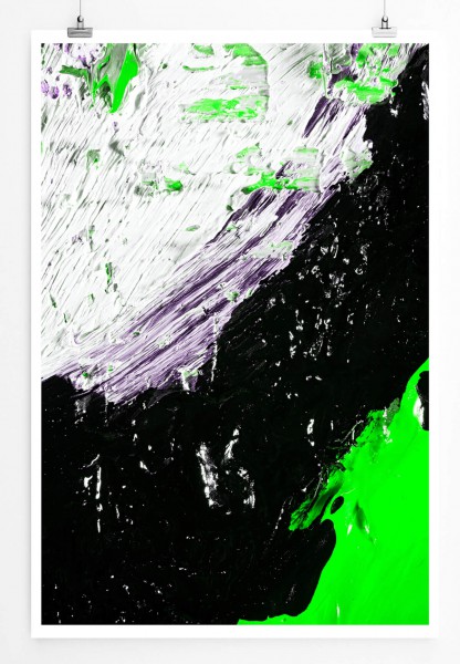 Abstraktes Bild 60x90cm Poster Weiße neongrüne und schwarze Elemente