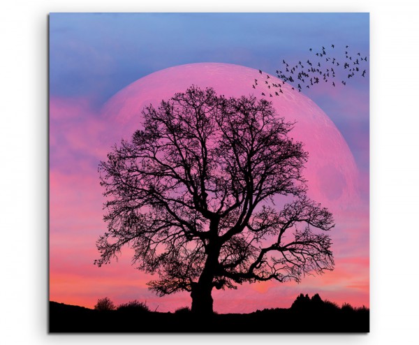 Collage  Baum Silhouette vor Supermond auf Leinwand exklusives Wandbild moderne Fotografie für ihre