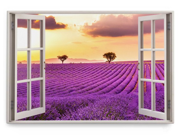 Wandbild 120x80cm Fensterbild Lavendel Lavendelfeld Farbenfroh Sonnenuntergang