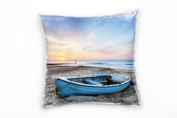Strand und Meer, braun, blau, verlassenes Boot Deko Kissen 40x40cm für Couch Sofa Lounge Zierkissen