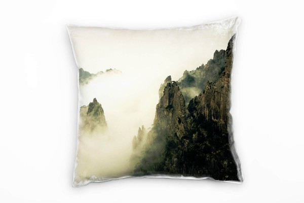 Landschaft, braun, Nebel, Berge, China Deko Kissen 40x40cm für Couch Sofa Lounge Zierkissen