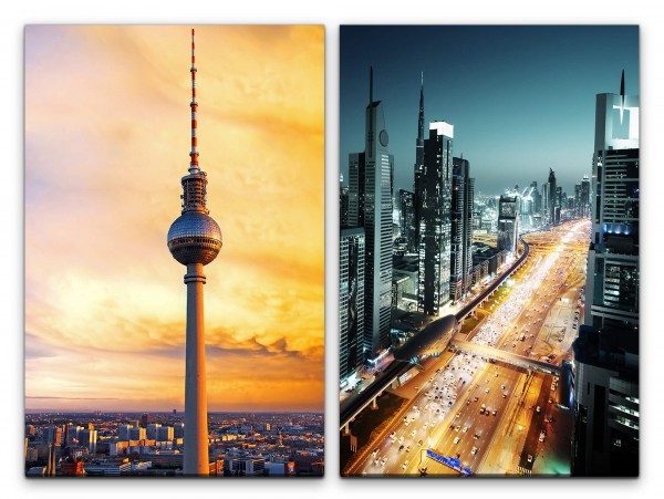 2 Bilder je 60x90cm Fernsehturm Berlin Skyline Wolkenkratzer Horizont Sonnenuntergang Straßenlicht
