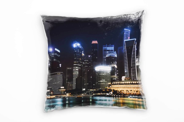 City, Singapur, Nacht, Hochhäuser, blau, grau Deko Kissen 40x40cm für Couch Sofa Lounge Zierkissen