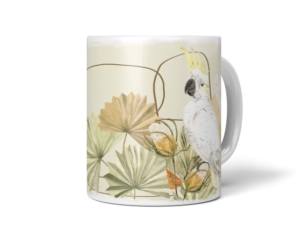 Dekorative Tasse mit schönem Vogel Motiv Kakadus Blumen Blüten Exotisch Kunstvoll Vintage