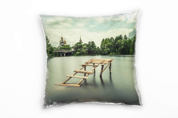 Seen, Bäume, Steg, Schloss im Hintergrund, grün Deko Kissen 40x40cm für Couch Sofa Lounge Zierkissen
