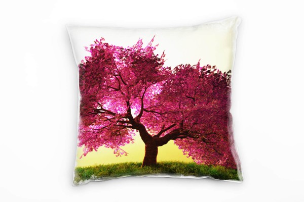 Natur, pink, grün, gelb, Kirschblütenbaum Deko Kissen 40x40cm für Couch Sofa Lounge Zierkissen