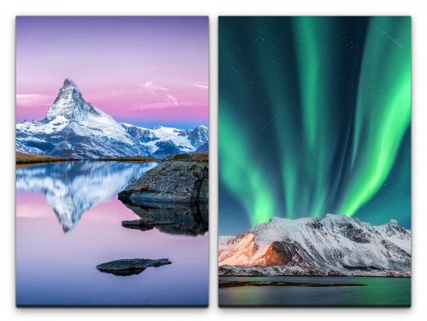 2 Bilder je 60x90cm Matterhorn Schneegipfel See Polarlicht Nacht Majestätisch Himmlisch