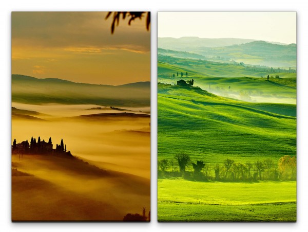 2 Bilder je 60x90cm Toskana Italien Malerisch Hügel Morgentau Sonnenaufgang Süden