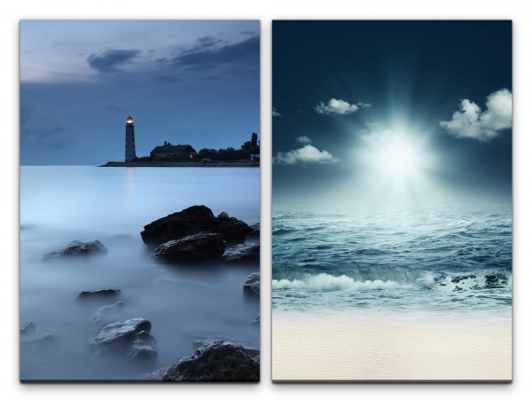 2 Bilder je 60x90cm Leuchtturm Nebel Mystisch Küste Meer Wellen Strand