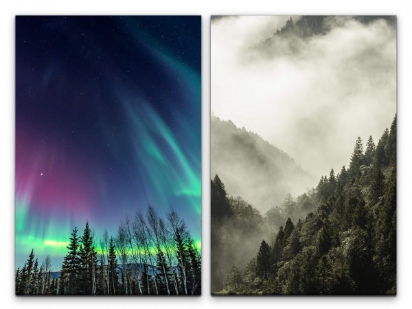 2 Bilder je 60x90cm Polarlicht Norden Tannen Nachthimmel Himmlisch Nebel Natur