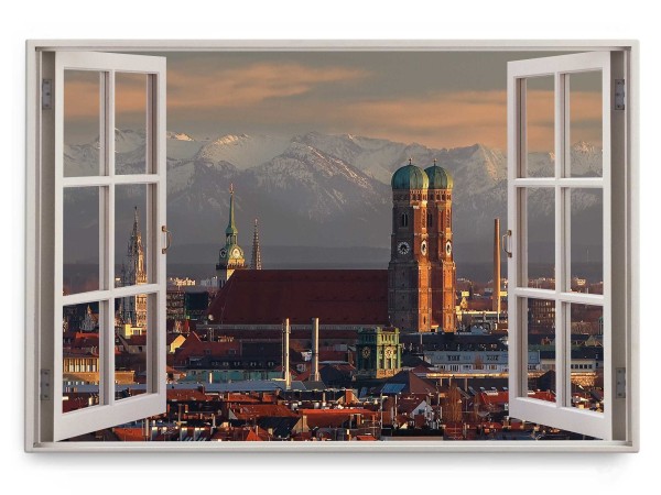 Wandbild 120x80cm Fensterbild München Frauenkirche Alpen Berge Historisch
