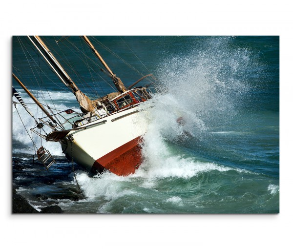 120x80cm Wandbild Meer Wellen Segelboot Schiffbruch