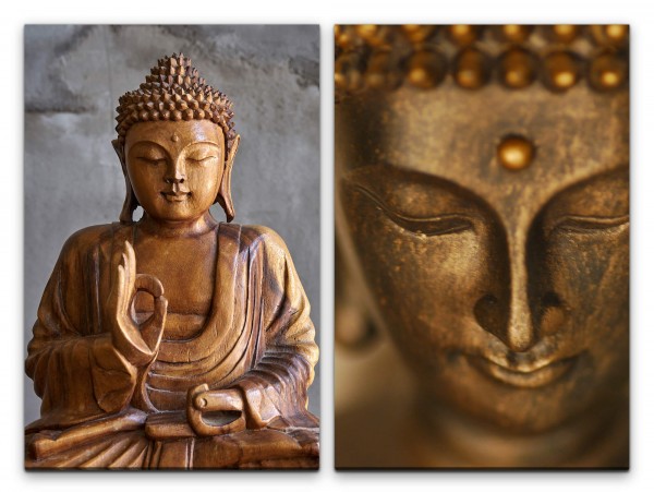2 Bilder je 60x90cm Buddha Buddhakopf Bronze Statue Asien Meditation Stille Kraft