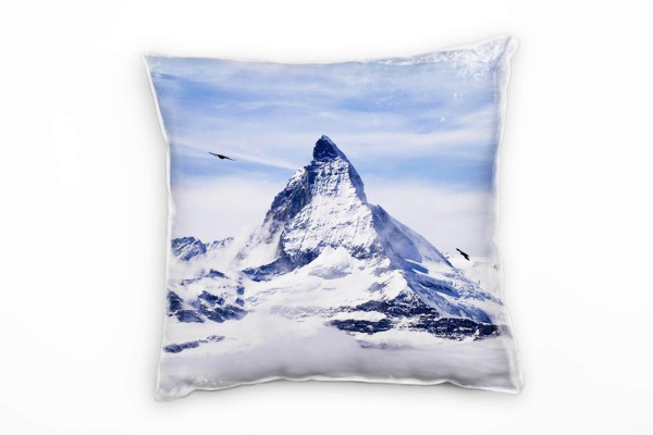 Winter, Berg, Schnee, Vögel, weiß, blau, grau Deko Kissen 40x40cm für Couch Sofa Lounge Zierkissen