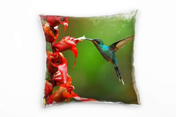 Tiere, fliegender Kolibri, rot, grün, türkis Deko Kissen 40x40cm für Couch Sofa Lounge Zierkissen