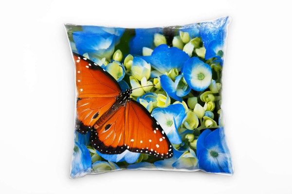 Blumen, Tiere, blau, orange, Schmetterling auf Blumen Deko Kissen 40x40cm für Couch Sofa Lounge Zier