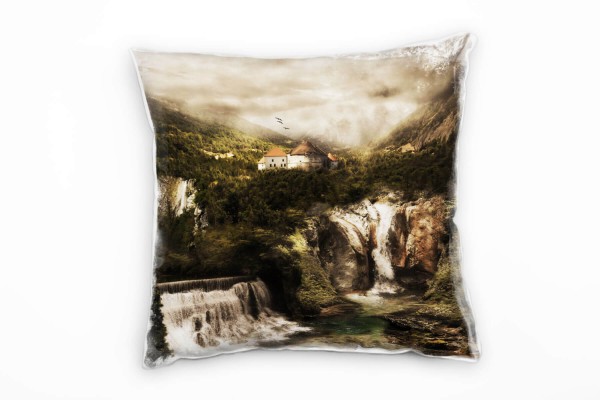 Landschaft, braun, grün, Fantasie, Wasserfall, Berge Deko Kissen 40x40cm für Couch Sofa Lounge Zierk