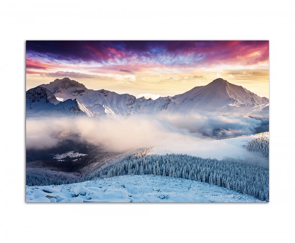 120x80cm Alpen Berge Schnee Nebel Abendrot