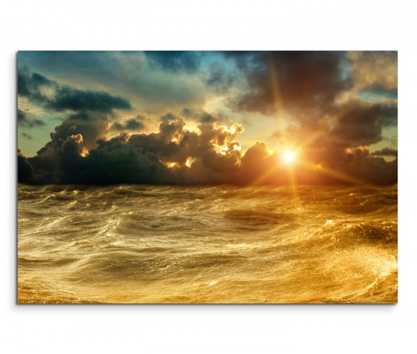 120x80cm Wandbild Sturm Wellen Ozean Sonne Wolken