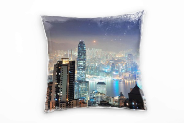 City, blau, orange, Hochhäuser, Hongkong, Nacht, Lichter Deko Kissen 40x40cm für Couch Sofa Lounge Z