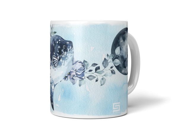 Dekorative Tasse mit schönem Motiv Mondfisch Mond Vollmond Blumen Kunstvoll Aquarell