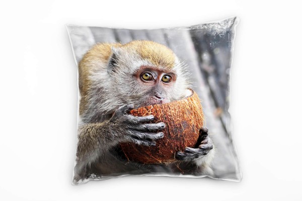 Tiere, braun, frau, Affe mit Kokosnuss, Nah Deko Kissen 40x40cm für Couch Sofa Lounge Zierkissen