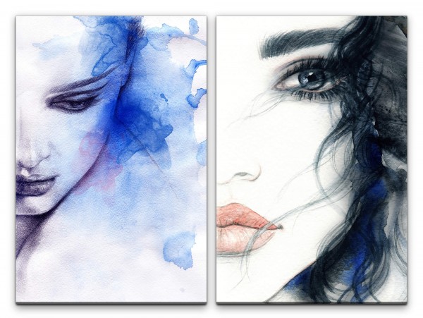 2 Bilder je 60x90cm Frauen Porträt volle Lippen Blau Malerisch Aquarell Fantasie Traumhaft