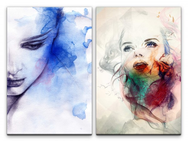 2 Bilder je 60x90cm Frauen Porträt Blau Aquarell Wasserfarben Malerisch Friedlich Sinnlich