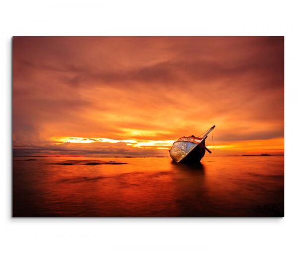 120x80cm Wandbild Meer Strand Sonnenuntergang Holzboot Wrack