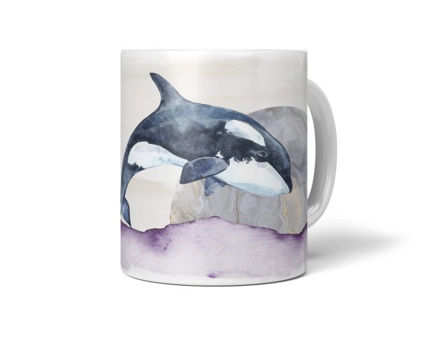 Dekorative Tasse mit schönem Motiv Orca Schwertwal Aquarell Kunstvoll Mond Meer Wasserfarben