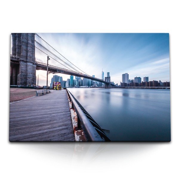 120x80cm Wandbild auf Leinwand New York Manhattan Fluss Brooklyn Bridge USA