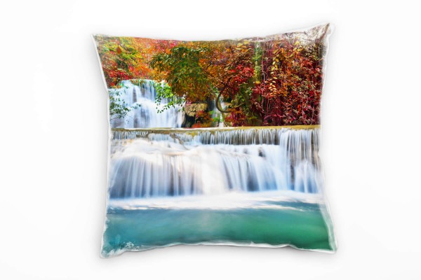 Natur, Wasserfall, rot, türkis, weiß Deko Kissen 40x40cm für Couch Sofa Lounge Zierkissen