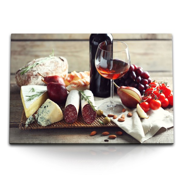 120x80cm Wandbild auf Leinwand Wein Käse Salami Essen Küchenbild Brot