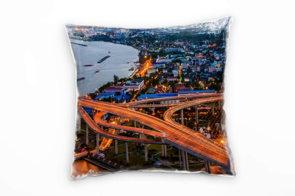 City, Bangkok, Brücke, Nacht, blau, orange Deko Kissen 40x40cm für Couch Sofa Lounge Zierkissen