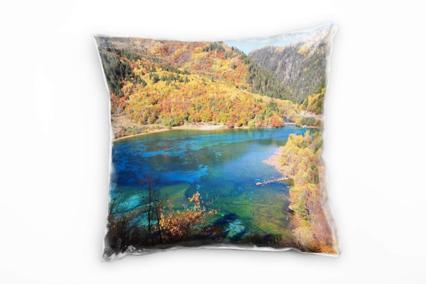 Seen, Herbst, orange, türkis, grün, Berge, China Deko Kissen 40x40cm für Couch Sofa Lounge Zierkisse
