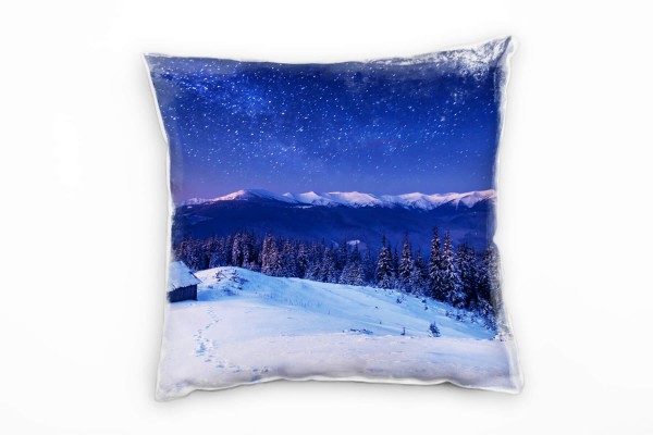Winter, blau, weiß, Schnee, Sterne, Hütte, Wald Deko Kissen 40x40cm für Couch Sofa Lounge Zierkissen