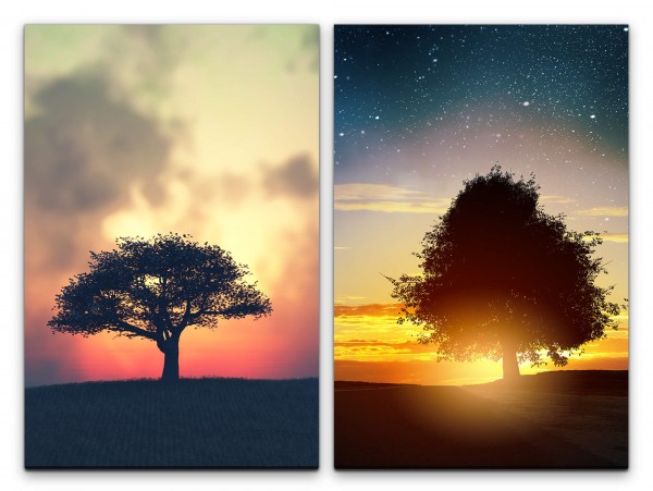 2 Bilder je 60x90cm Baum Einsam Feld Sonnenuntergang Abendröte Nachthimmel Sommernacht