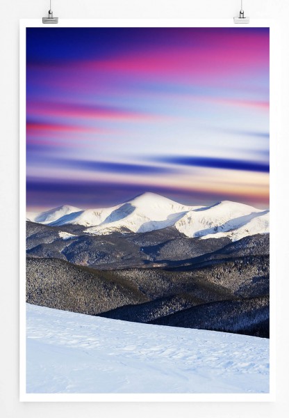 60x90cm Landschaftsfotografie Poster Blau Pinker Himmel mit Gebirge