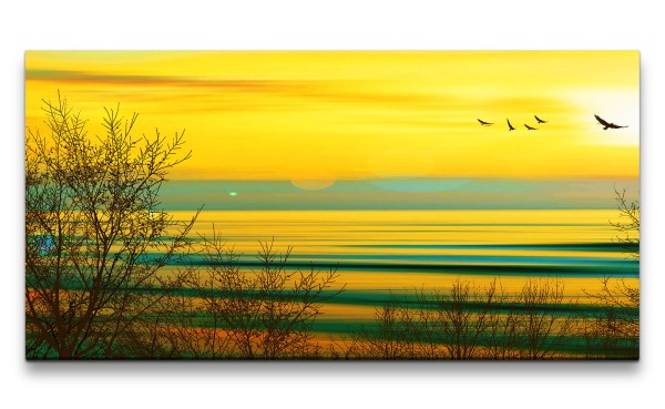 Leinwandbild 120x60cm See Horizont Natur Harmonie Abendröte Vögel Idyllisch