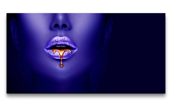 Leinwandbild 120x60cm Kunstvolle Lippen schöne Frau fließendes Gold Metallic Blau
